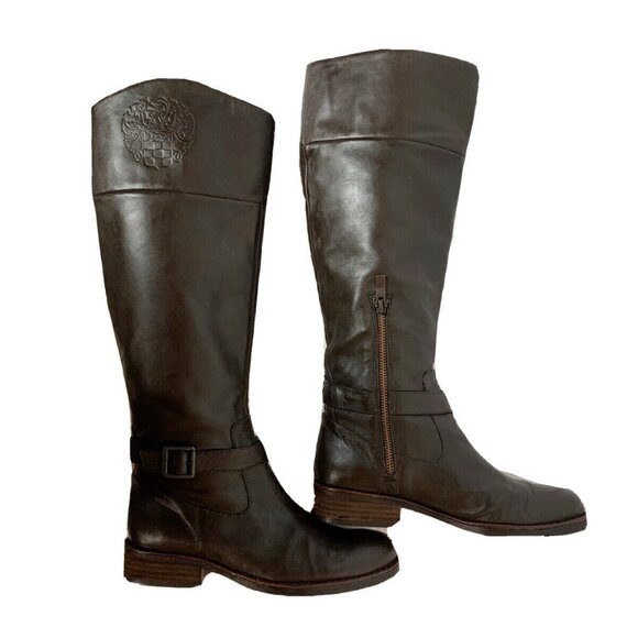 Vince Camuto Flavian Tall Boot Brown Leather w/ Embossed Crest Riding Boots - Picture 1 of 12